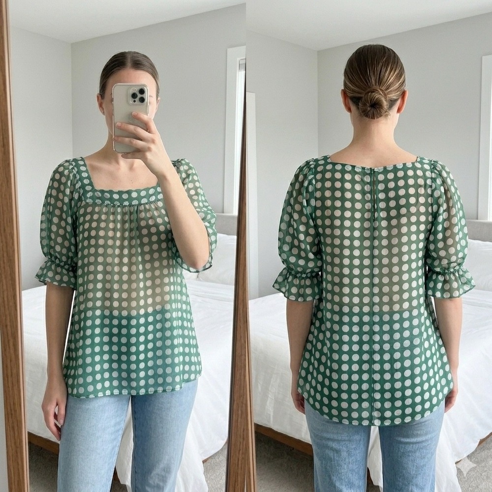 VTG Charlotte Russe Sheer Polka Dot Top Green Y2K Cottagecore Ruffle Blouse M
